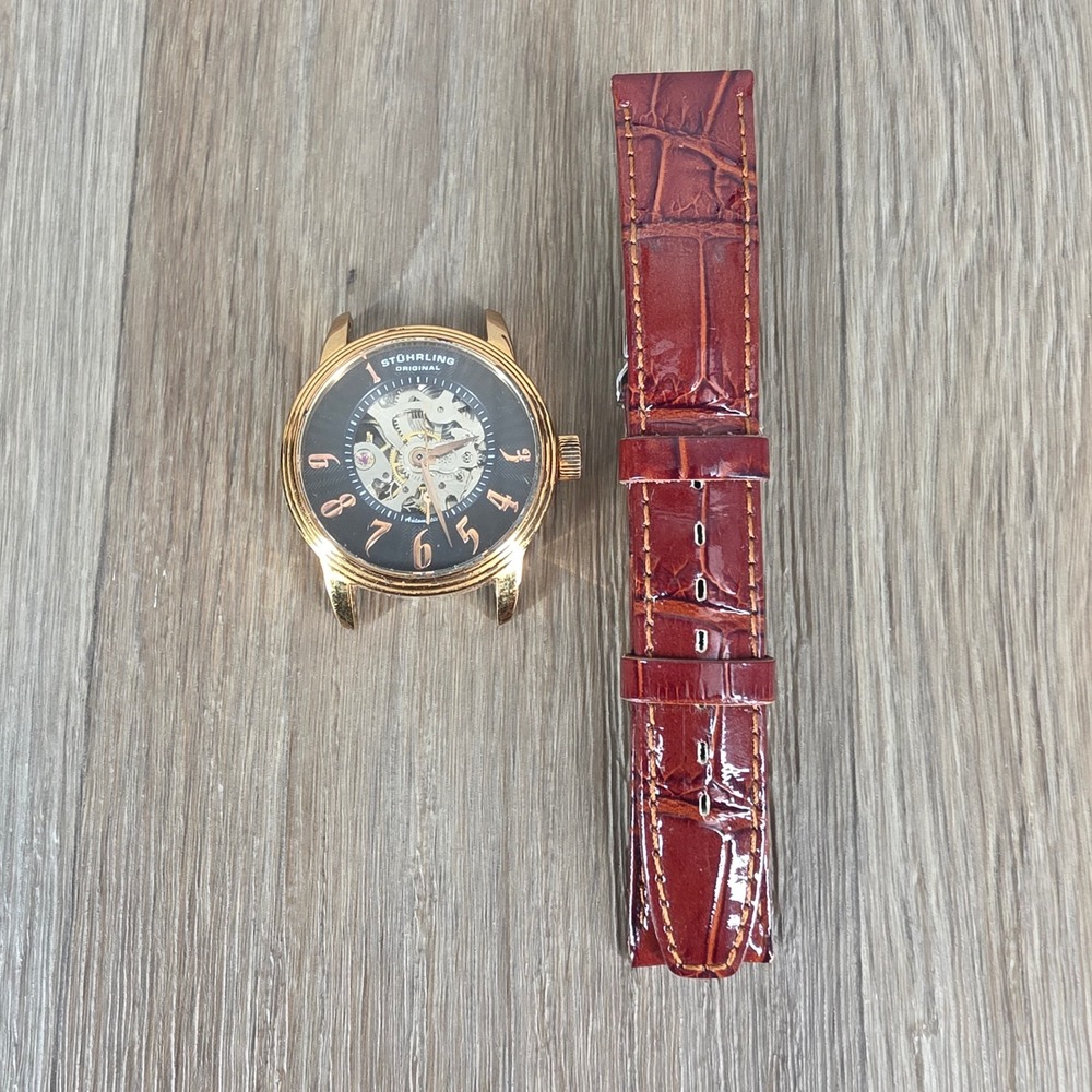 Stuhrling Original Mens Skeleton Automatic Watch Gold Tone ST-90050 Black Dial